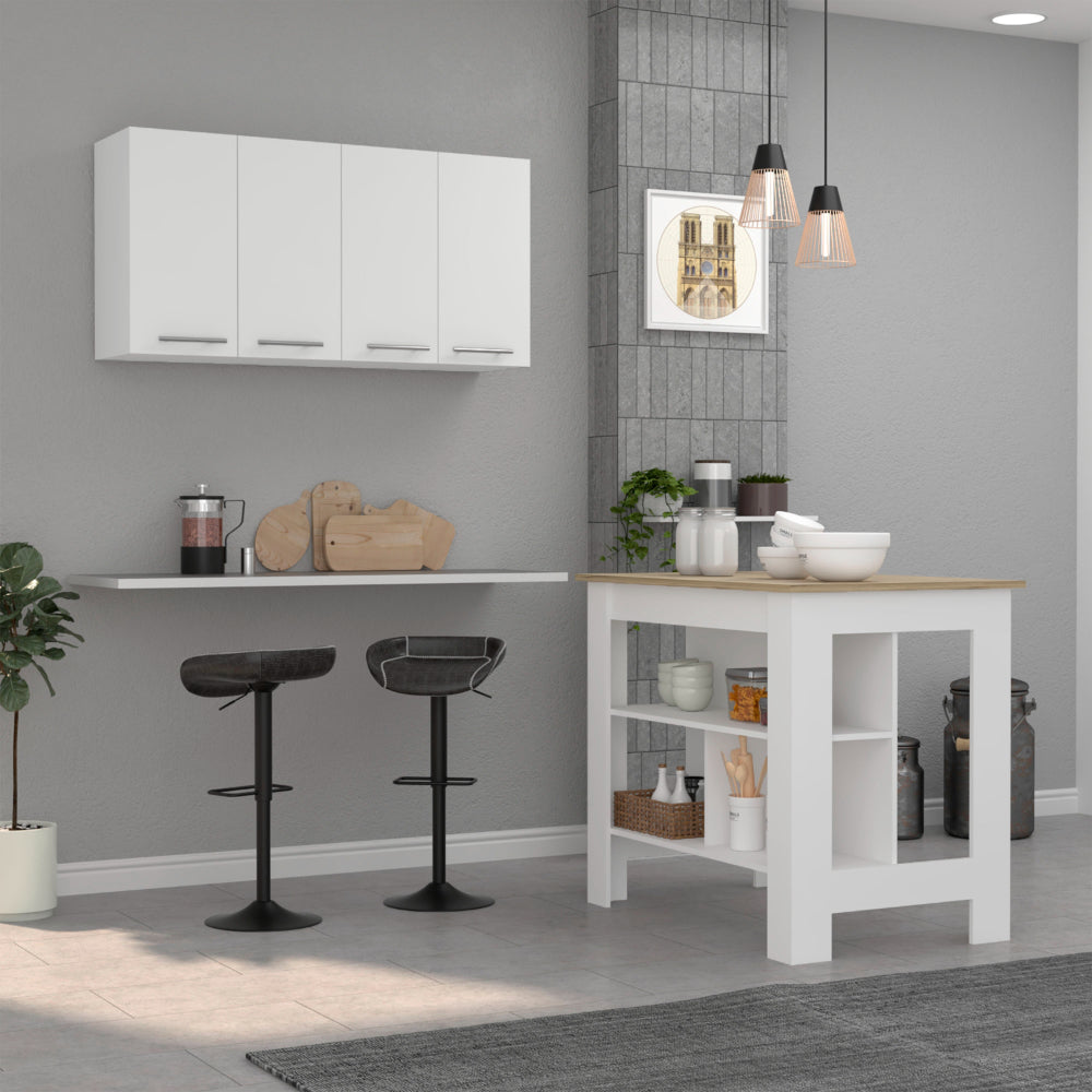 English Elm Burlingame Kitchen Island & Wall Cabinet Set — Antibacterial Prep Surface, 5 Shelves, 4 Doors, White Oak Finish B062S00201