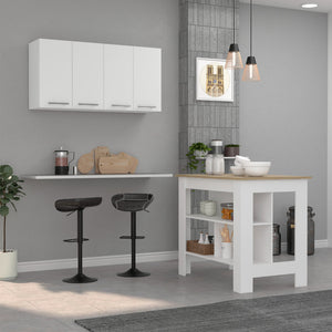 English Elm Burlingame Kitchen Island & Wall Cabinet Set — Antibacterial Prep Surface, 5 Shelves, 4 Doors, White Oak Finish B062S00201
