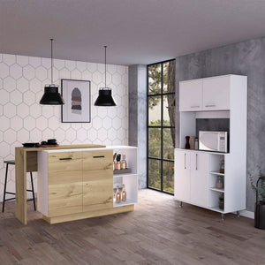 English Elm Dorchester White & Light Gray 2-Piece Kitchen Island and Pantry Set — 6 Doors, 6 Shelves, Prep Space B062S00205