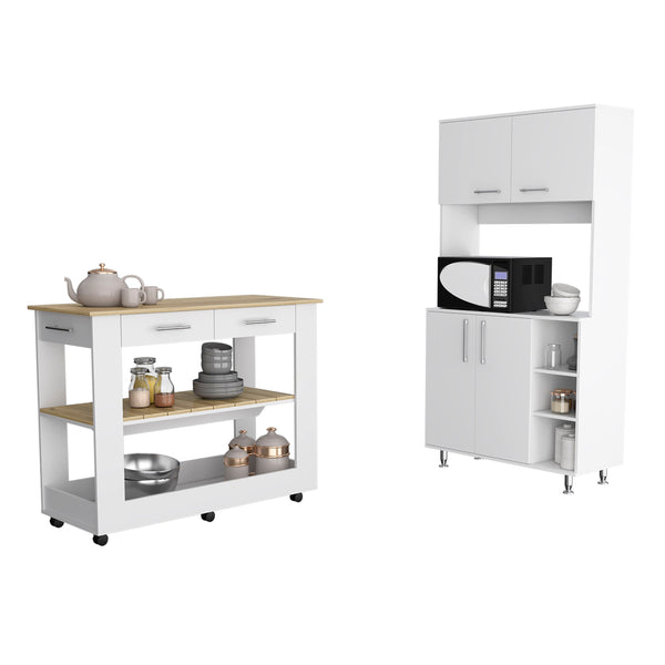 English Elm Nadina 4-Door 2-Drawer Kitchen Set with Island & Pantry in White and Light Oak, Spacious Storage and Workspace B062S00211