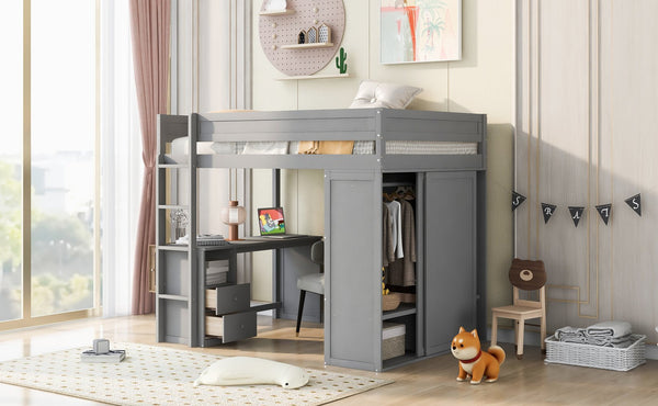 English Elm Wood Full Size Loft Bed with Integrated Wardrobe, 2-Drawer Desk & Cabinet for Space-Saving Rooms 78.4"L x 65"H Gray GX000333AAE