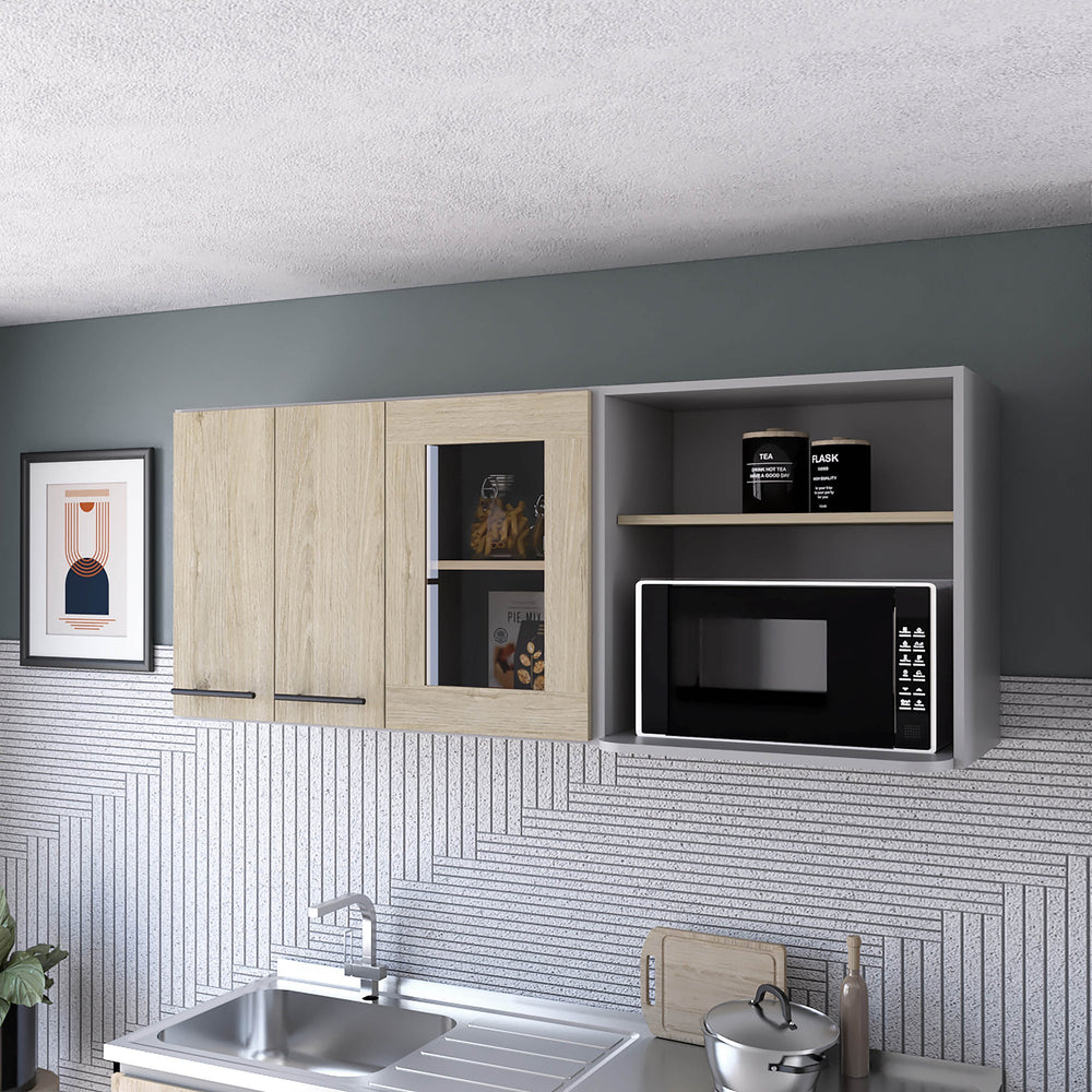 English Elm Devoux Light Pine 3-Door Wall Cabinet with Glass Door, 2 Shelves & Interior Rack for Kitchen Storage B062S00185