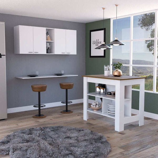 English Elm Sierra Modern 7-Shelf 4-Door Kitchen Set with Island & Wall Cabinet in White Walnut — Stylish Storage Bliss B062S00194