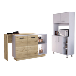 English Elm Dorchester White & Light Gray 2-Piece Kitchen Island and Pantry Set — 6 Doors, 6 Shelves, Prep Space B062S00205