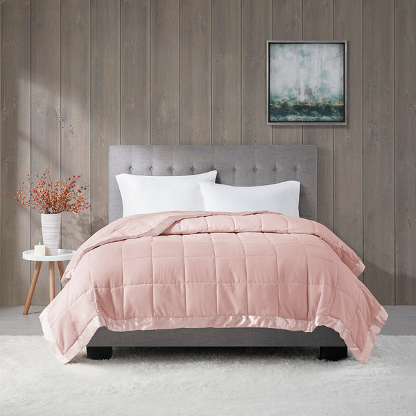 English Elm Lightweight Down Alternative Blanket with Satin Trim, Hypoallergenic OEKO‑TEX Twin, Moisture‑Wicking Comfort Blush 15.55 L x 12.8 W x 7.87 H B03598495