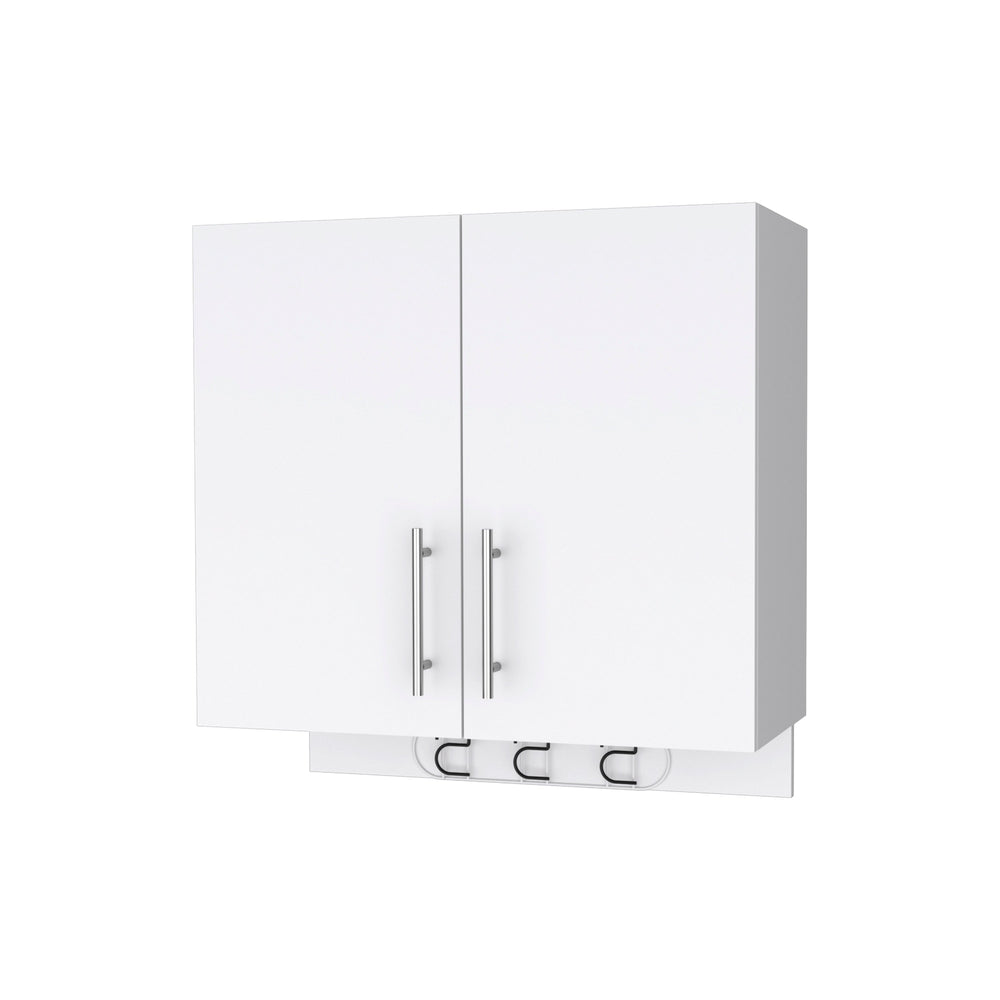 English Elm Carmelita Wall Storage Cabinet 2-Door 2-Shelf with 3 Broom Hangers White — Space-Saving Organizer B062103266