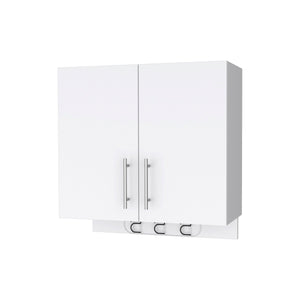 English Elm Carmelita Wall Storage Cabinet 2-Door 2-Shelf with 3 Broom Hangers White — Space-Saving Organizer B062103266