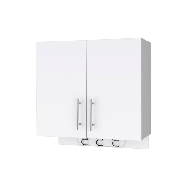 English Elm Carmelita Wall Storage Cabinet 2-Door 2-Shelf with 3 Broom Hangers White — Space-Saving Organizer B062103266