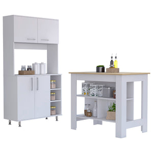 English Elm Ralston White & Light Oak 7-Shelf 4-Door Kitchen Island and Pantry Set — Stylish Prep & Storage Solution B062S00199