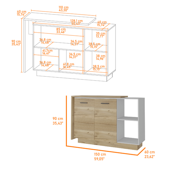 English Elm Crescent 7-Shelf 4-Door Kitchen Set with Island & Pantry, White/Light Oak, Spacious Prep and Storage (98) B062S00202