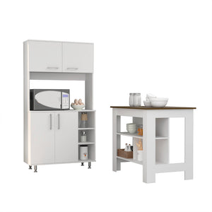 English Elm Ralston White-Walnut 7-Shelf 4-Door Kitchen Island & Pantry Set — Prep Surface, Microwave Space, Storage Solutions B062S00210