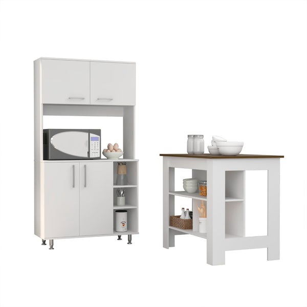English Elm Ralston White-Walnut 7-Shelf 4-Door Kitchen Island & Pantry Set — Prep Surface, Microwave Space, Storage Solutions B062S00210