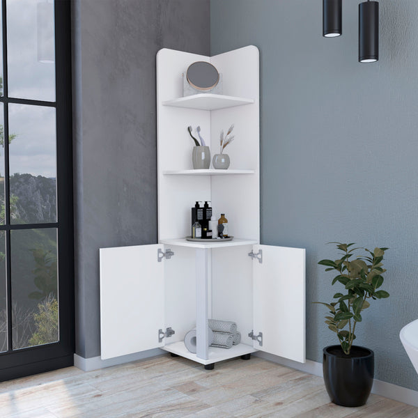 English Elm Klay Tall 2-Door 4-Shelf White Corner Storage Cabinet — Space-Saving Bathroom Organizer with Metal Handles and Ample Shelving B062103272