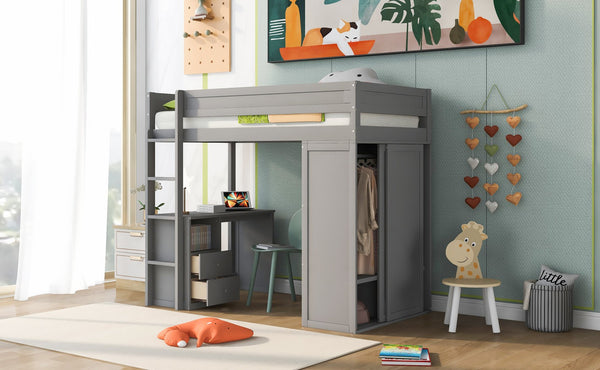 English Elm Wood Twin Loft Bed with Wardrobes & 2-Drawer Desk Cabinet Gray — Space-Saving Storage, Study Nook GX000332AAE