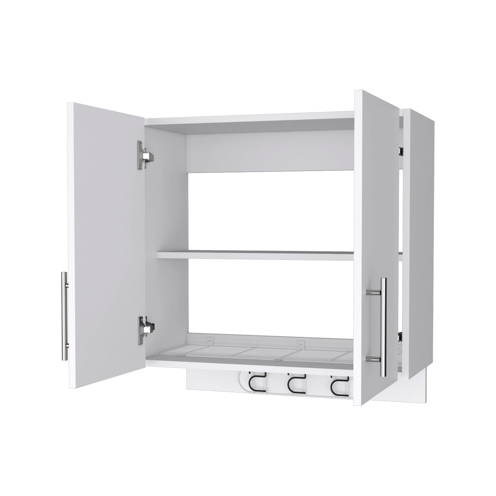 English Elm Carmelita Wall Storage Cabinet 2-Door 2-Shelf with 3 Broom Hangers White — Space-Saving Organizer B062103266