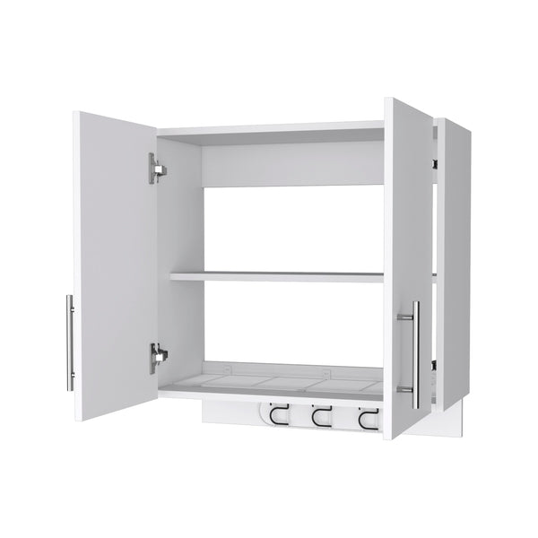English Elm Carmelita Wall Storage Cabinet 2-Door 2-Shelf with 3 Broom Hangers White — Space-Saving Organizer B062103266