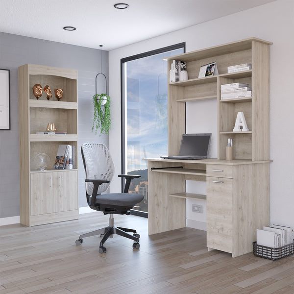 English Elm Light Gray 10-Shelf 4-Door 2-Piece Office Set Bookcase & Desk — Compact Storage, Drawer Space, Stylish Workstation B062S00188