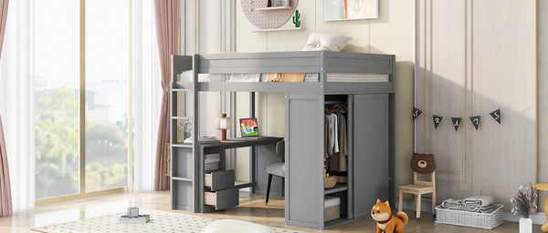 English Elm Wood Full Size Loft Bed with Integrated Wardrobe, 2-Drawer Desk & Cabinet for Space-Saving Rooms 78.4"L x 65"H Gray GX000333AAE