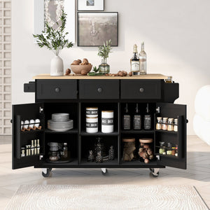 English Elm Kitchen Cart with Drop-Leaf Rubberwood Countertop, Rolling Island with Cabinet, Drawers & Racks for Dining Room - Stylish Durable Storage Solution Black WF298028AAB