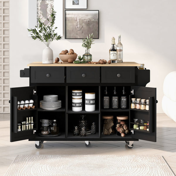 English Elm Kitchen Cart with Drop-Leaf Rubberwood Countertop, Rolling Island with Cabinet, Drawers & Racks for Dining Room - Stylish Durable Storage Solution Black WF298028AAB