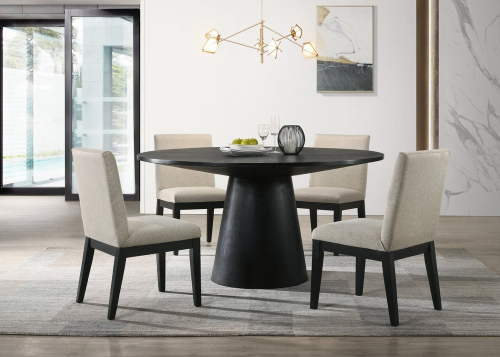 English Elm Jasper Round Pedestal Dining Set Seats Four with Wood Grain Top and Gray Chairs B061S00687