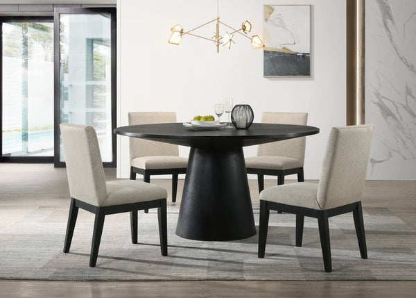 English Elm Jasper Round Pedestal Dining Set Seats Four with Wood Grain Top and Gray Chairs B061S00687