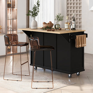 English Elm Kitchen Cart with Drop-Leaf Rubberwood Countertop, Rolling Island with Cabinet, Drawers & Racks for Dining Room - Stylish Durable Storage Solution Black WF298028AAB
