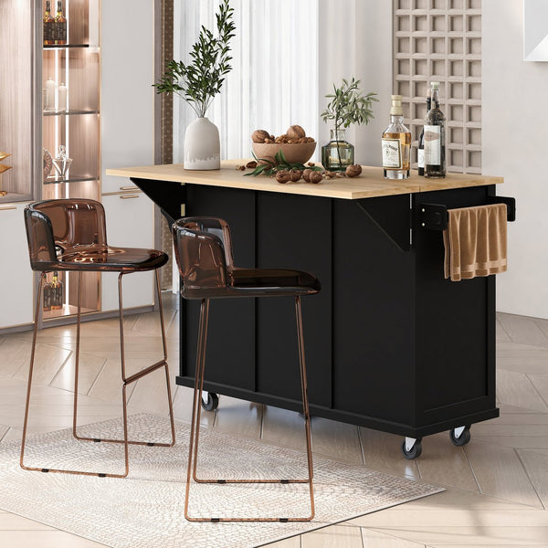 English Elm Kitchen Cart with Drop-Leaf Rubberwood Countertop, Rolling Island with Cabinet, Drawers & Racks for Dining Room - Stylish Durable Storage Solution Black WF298028AAB