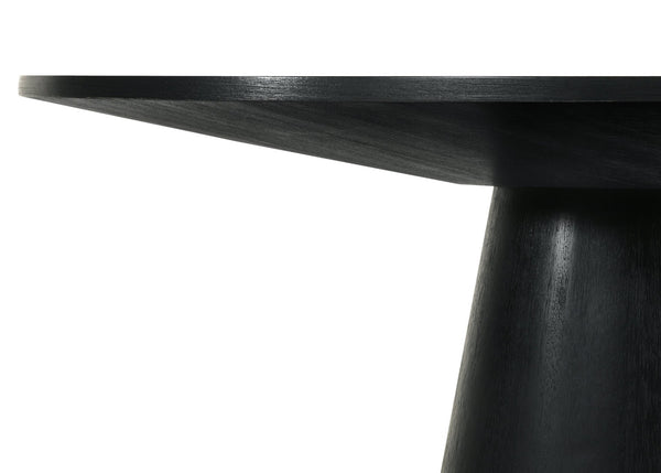 English Elm Jasper Round Pedestal Dining Set Seats Six with Ebony Wood and Beige Fabric Chairs B061S00857