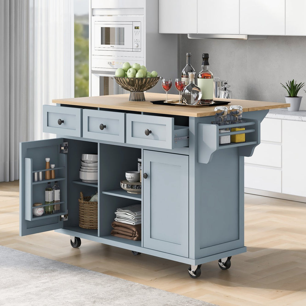 English Elm Kitchen Cart with Drop-Leaf Rubberwood Countertop, Rolling Island with Cabinet, Drawers & Racks for Dining Room - Stylish Durable Storage Solution Blue WF298028AAN