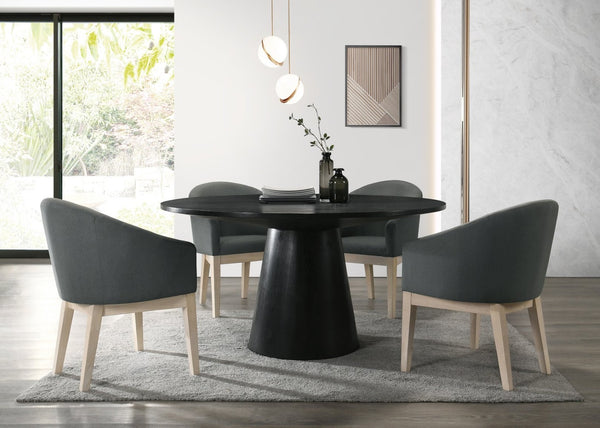 English Elm Jasper Round Pedestal Dining Set Seats Four with Wood Grain Top and Gray Chairs B061S00689