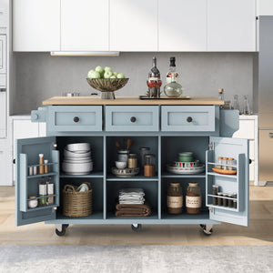 English Elm Kitchen Cart with Drop-Leaf Rubberwood Countertop, Rolling Island with Cabinet, Drawers & Racks for Dining Room - Stylish Durable Storage Solution Blue WF298028AAN