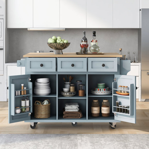English Elm Kitchen Cart with Drop-Leaf Rubberwood Countertop, Rolling Island with Cabinet, Drawers & Racks for Dining Room - Stylish Durable Storage Solution Blue WF298028AAN