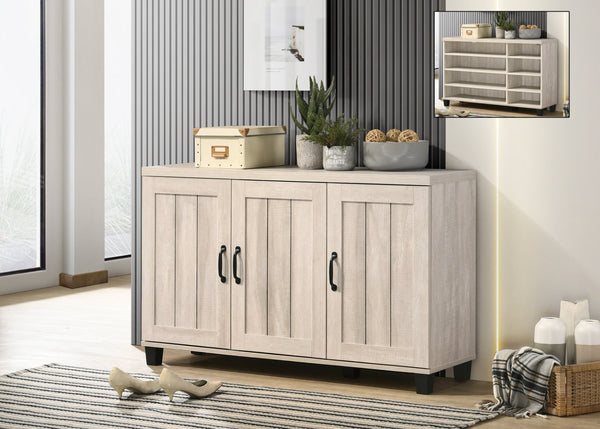 English Elm Corby Three Door Entryway Shoe Cabinet with Oak Finish and Six Adjustable Shelves B061110713