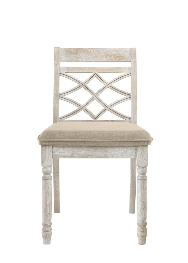 English Elm Havanna Off White Fabric Dining Chairs with Carved Back and Distressed Legs Set of 2 B061110737