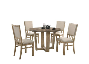 English Elm Brutus Round Oak Veneer Dining Set Seats Four with Wheat Fabric Chairs Walnut Finish B061S00681