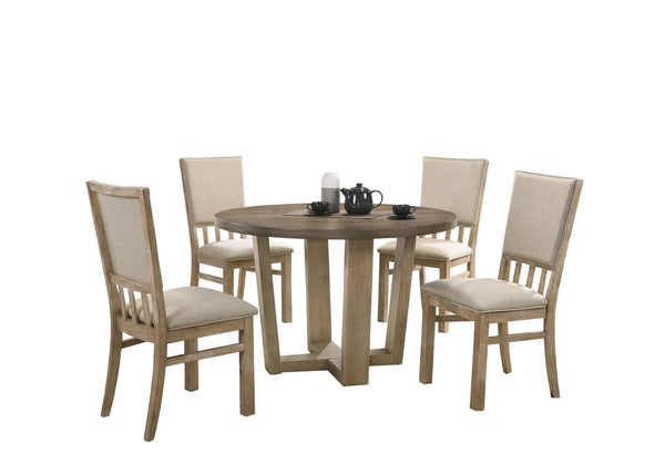 English Elm Brutus Round Oak Veneer Dining Set Seats Four with Wheat Fabric Chairs Walnut Finish B061S00681