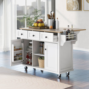 English Elm Kitchen Cart with Drop-Leaf Rubberwood Countertop, Rolling Island with Cabinet, Drawers & Racks for Dining Room - Stylish Durable Storage Solution White WF298028AAW