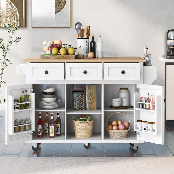 English Elm Kitchen Cart with Drop-Leaf Rubberwood Countertop, Rolling Island with Cabinet, Drawers & Racks for Dining Room - Stylish Durable Storage Solution White WF298028AAW