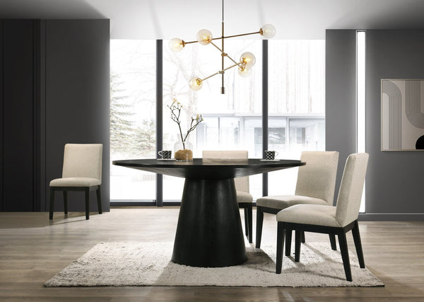 English Elm Jasper Round Pedestal Dining Set Seats Four with Wood Grain Top and Gray Chairs B061S00687