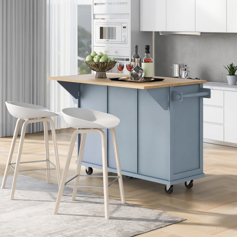 English Elm Kitchen Cart with Drop-Leaf Rubberwood Countertop, Rolling Island with Cabinet, Drawers & Racks for Dining Room - Stylish Durable Storage Solution Blue WF298028AAN