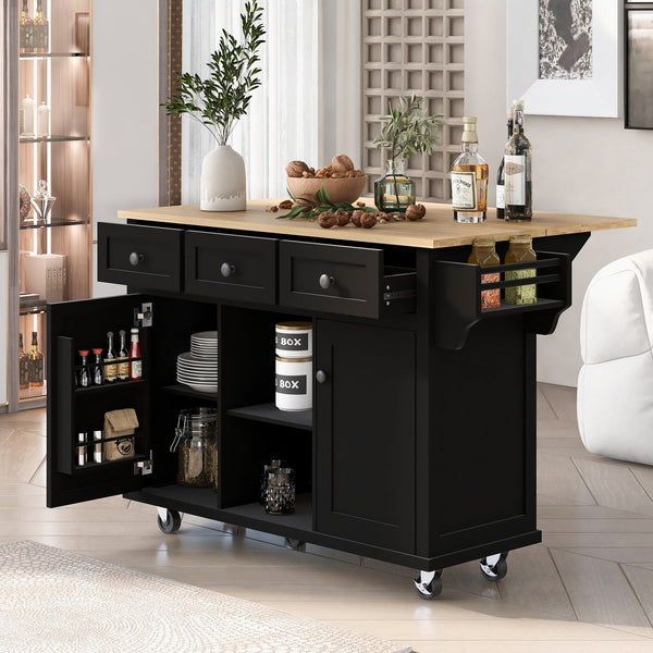 English Elm Kitchen Cart with Drop-Leaf Rubberwood Countertop, Rolling Island with Cabinet, Drawers & Racks for Dining Room - Stylish Durable Storage Solution Black WF298028AAB
