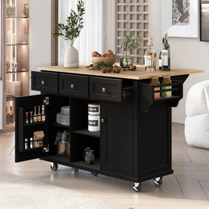 English Elm Kitchen Cart With Rubber Wood Drop-Leaf Countertop ,Cabinet Door Internal Storage Racks,Kitchen Island On 5 Wheels With Storage Cabinet and 3 Drawers For Dinning Room, Black