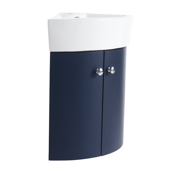 English Elm Corner Wall-Mount Vanity Sink Combo – Space-Saving Ceramic Basin, Soft-Close Door, Durable Plywood Finish W99990112