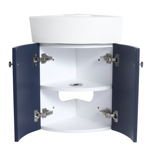English Elm Corner Wall-Mount Vanity Sink Combo – Space-Saving Ceramic Basin, Soft-Close Door, Durable Plywood Finish W99990112