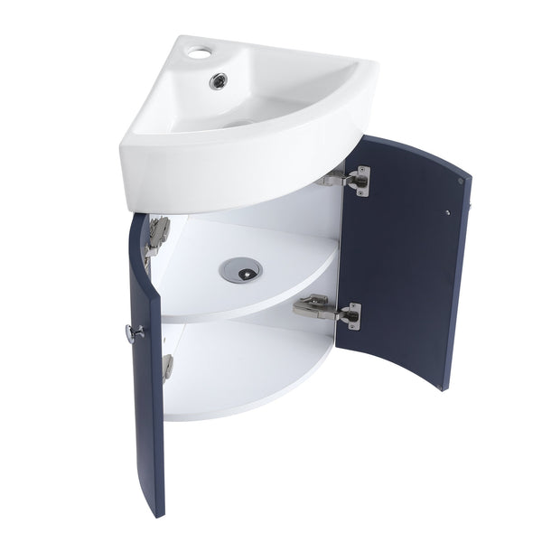 English Elm Corner Wall-Mount Vanity Sink Combo – Space-Saving Ceramic Basin, Soft-Close Door, Durable Plywood Finish W99990112