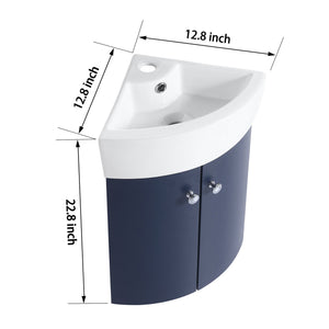 English Elm Corner Wall-Mount Vanity Sink Combo – Space-Saving Ceramic Basin, Soft-Close Door, Durable Plywood Finish W99990112