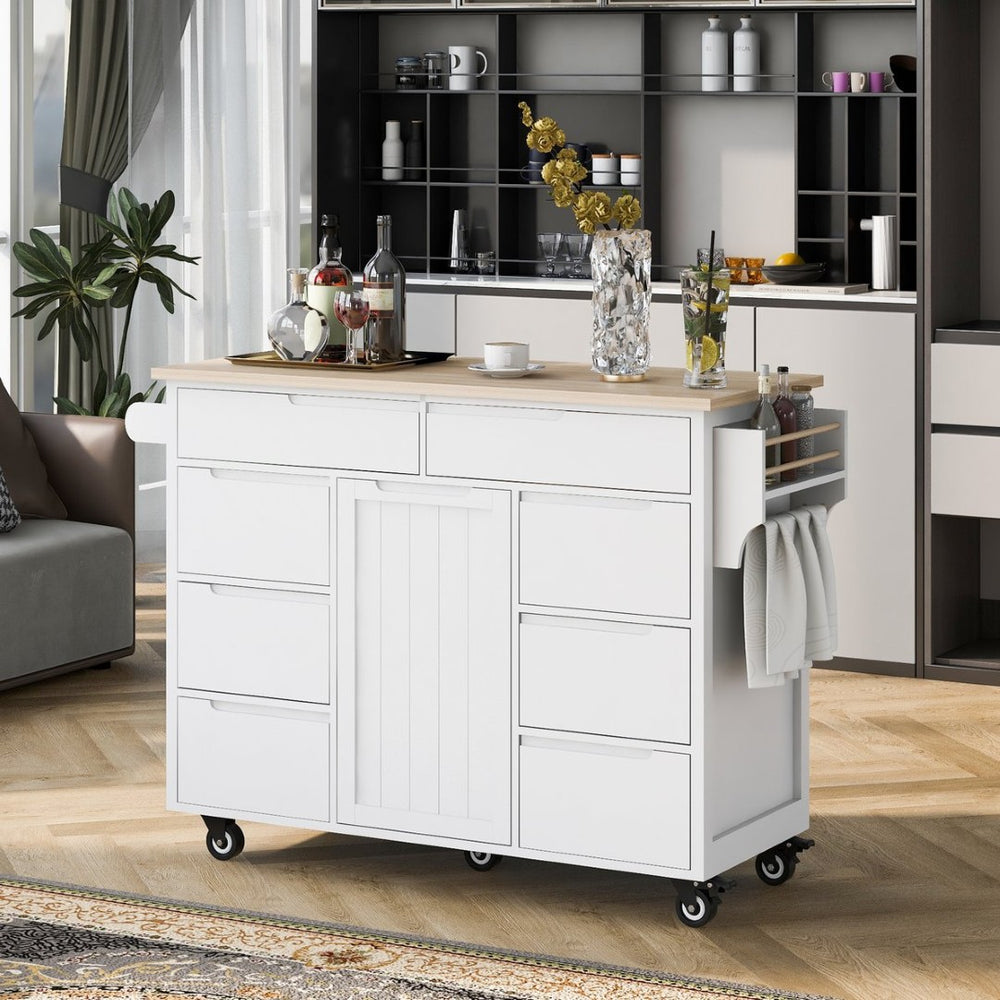 English Elm K&k Store Mobile Kitchen Island Rubberwood Top Eight Push-open Drawers Rolling Storage White SK000002AAW