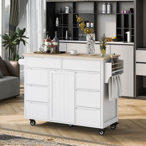 English Elm K&k Store Mobile Kitchen Island Rubberwood Top Eight Push-open Drawers Rolling Storage White SK000002AAW