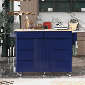English Elm K&k Store Mobile Kitchen Island Rubberwood Top Eight Push-open Drawers Rolling Storage Blue SK000002AAG